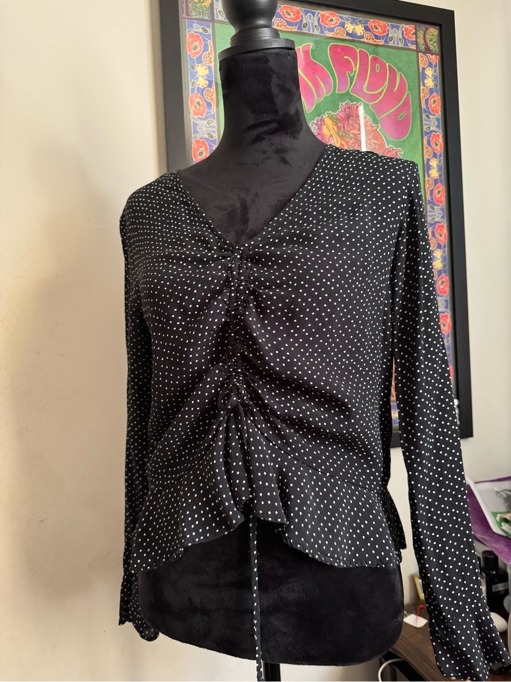 H&M Black Polka Dot Ruched V-Neck Long Sleeve Blouse